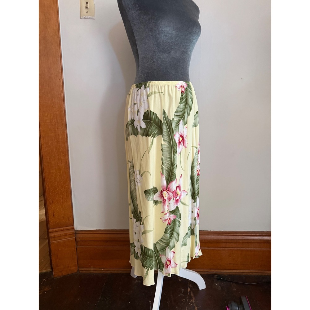 Lisa Hawaii Yellow Tropical Floral Orchid Plumeria Rayon Maxi Skirt midi classic - Picture 7 of 7